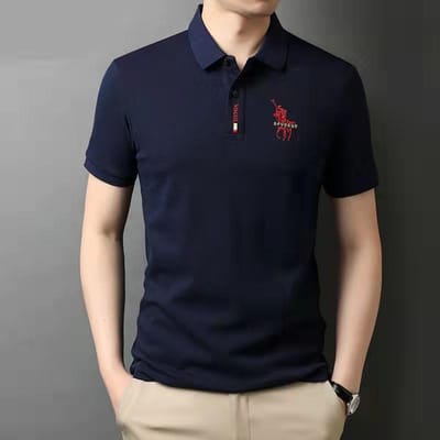 Zomer Mannen Zakelijk Korte Mouw T-shirt Geborduurd Kraag Grote Maat Effen Kleur Mannen Top XXXL blauw