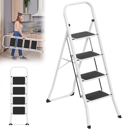 Zwart + Wit Trapladder, Inklapbaar met 4 Treden, Stalen Vouwladder met Handgreep & Anti-slip Treden, 150KG Belastbaar, Ruimtebesparend Opvouwbare Ladder voor Huishouden/Keuken/Kantoor, NAIZY