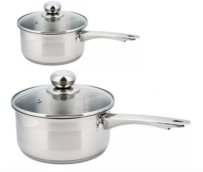 2 x steelpan / sauspan - steelpan met glazen deksel - Ø12 en Ø18 cm - RVS - 0,5 liter en 2,1 liter
