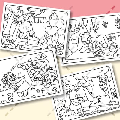 4 Inkleurbare wenskaarten met envelop - Konijnenvriendinnetjes