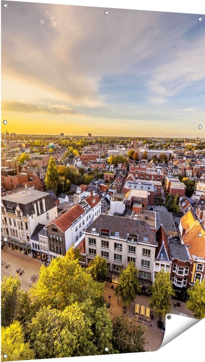Gards Tuinposter Groningen Skyline Stad bij Zonsondergang - 100x150 cm - Tuindoek - Tuindecoratie - Wanddecoratie buiten - Tuinschilderij