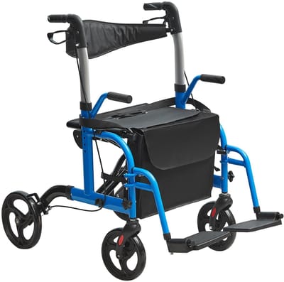 Homecare Innovation® 2 in 1 Rollator & Transportrolstoel - 9,1 kg - Met Zitting en Voetsteunen - tot 136 kg - Blauw