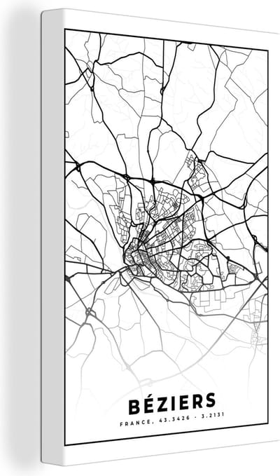Canvas Schilderij Kaart - Frankrijk - Béziers - Stadskaart - Plattegrond - Zwart wit - 20x30 cm - Wanddecoratie