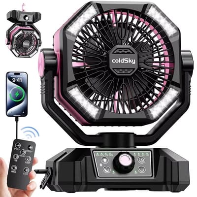 House Of Atelier - Campingventilator - Camping Fan - Oplaadbare Ventilator - Draagbare Buitenventilator - 8 Snelheden - 4 LED Lantaarns