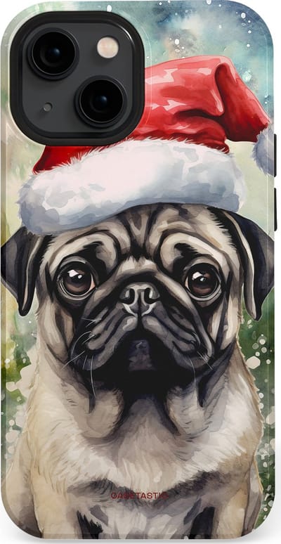 Casetastic hoesje geschikt voor Apple iPhone 13 mini - MagSafe - Dubbellaagse bescherming - Aquarel Kerstmis Pug Hond - Fashion Case - Grijs Taupe Donkergrijs Saliegroen
