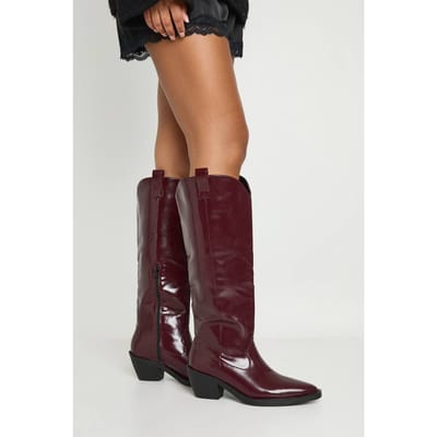 boohoo Dames Western Cowboy Mid Heel Stiefels | Burgundy | Maat: 3