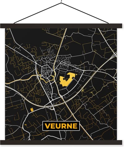 Posterhanger incl. Poster 60x60 cm - Schoolplaat - Veurne - Plattegrond - Kaart - Goud - Stadskaart - Textielposter - Zwarte latten - Stadskaart
