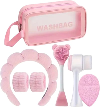 7-delige Make-up en Gezichtsverzorging Set – Make-up Accessoires Set, Beauty Set, Skincare Set met Haarbanden, Make-up Tas, Gezichtsreinigingsborstels en Poederdons voor Make-up en Huidverzorging - Roze