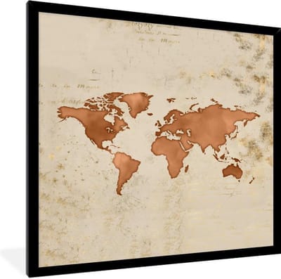 Poster in lijst - Fotolijst 40x40 cm - Posters - Wereldkaart - Vintage - Oranje - Posterlijst zwart - Decoratie - Wanddecoratie woonkamer - Muurdecoratie slaapkamer