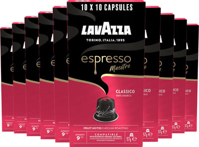 Lavazza Espresso Classico Koffiecups - 100 Cups - 100% Arabica Koffie - Intensiteit: 9/13 - 10 x 10 Aluminium Capsules