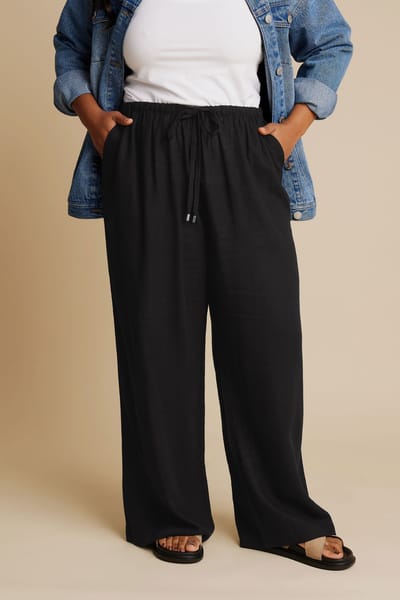 Yours Broek Van Linnenmix Met Wijde Pijpen In Zwart Size 54-56