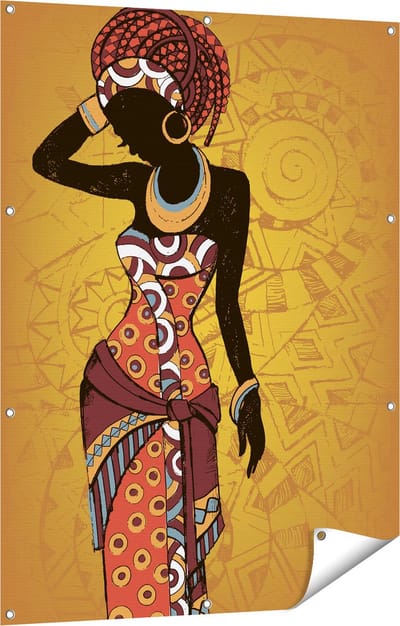 Gards Tuinposter Getekende Afrikaanse Vrouw - Abstract - 90x120 cm - Tuindoek - Tuindecoratie - Wanddecoratie buiten - Tuinschilderij