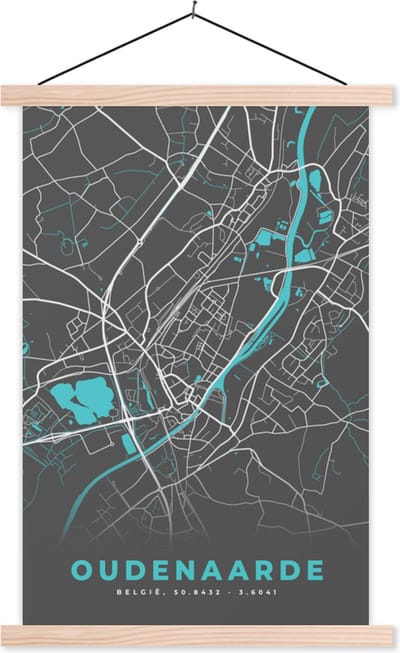 Posterhanger incl. Poster 40x60 cm - Schoolplaat - Plattegrond – Oudenaarde – Blauw – Stadskaart - Kaart - Textielposter - Blanke latten - Stadskaart