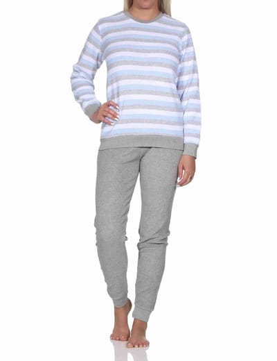 Dames Badstof pyjama met lange mouwen en manchetten - blokstreep-look - ook in overmaten