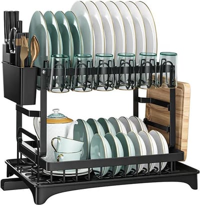Fedec Afdruiprek 2 Laags met Bestekbak en Lekbak - Metaal - 42 x 29 x 29 cm - Zwart