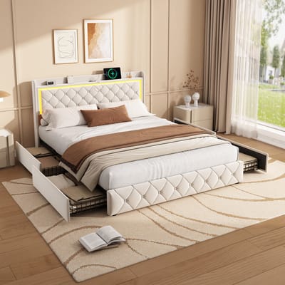 Bed 140x190 Beige Velvet – met LED, USB-C & 4 Lades