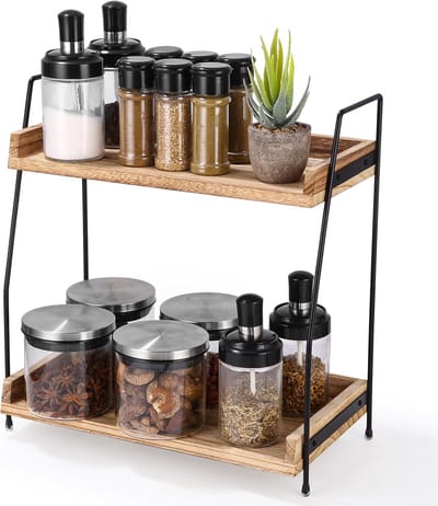 Famanu - Keukenwerkplek organizer met dubbele houten laag, praktische koffiestation houder voor kruiden, bekers en accessoires, ideaal voor thuis of kantoor