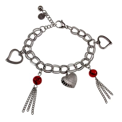 15cm tot 19cm Armband Dames - RVS - Romantische Armband met Hartjes en Rode Steen Hanger - Verstelbaar