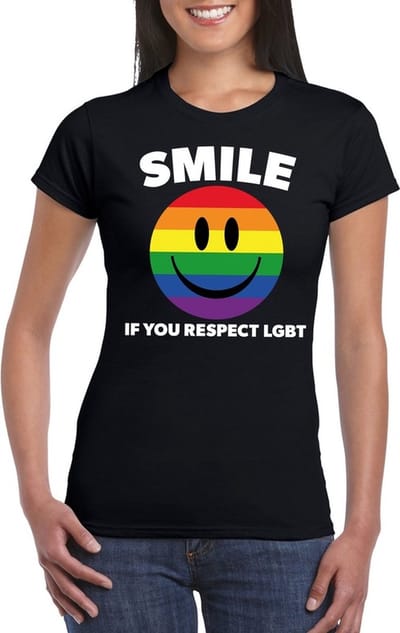 Smile if you respect LGBT emoticon shirt zwart dames - LGBT/ Gay pride shirts S