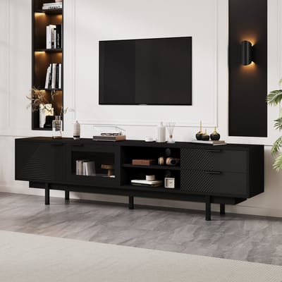 REDOM TV-meubel 200x40x50,5 cm van spaanplaat en gehard glas, modern strak design, met 2 deuren en 2 lades