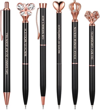 Inspirerende en Motiverende Balpen met Lettering en Vlinder Crystal Diamant Decoratie, Inclusief Trekkoord Tas (Zwart) - Perfect voor Vrouwen, Kantoor en Cadeaus