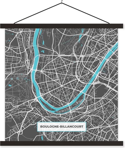 Posterhanger incl. Poster 60x60 cm - Schoolplaat - Frankrijk - Stadskaart - Kaart - Plattegrond - Boulogne-Billancourt - Textielposter - Zwarte latten - Stadskaart