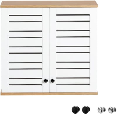 SoBuy BZR42-W Badkamer Opbergkast, 2 Deuren, Ademende Lamellen, L60cm x D19cm x H56cm, Wit