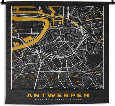 Wandkleed - Wanddoek - Antwerpen - Stadskaart - Kaart - Goud - Plattegrond - 180x180 cm - Wandtapijt