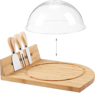 Candala kaasstolp met plank & bestek, 3-delig kaasbestek en bamboe kaasplankje, met magneetstrip, ronde uitsparing,