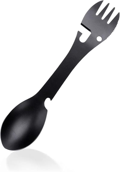 Inox, 5 in 1 multifunctionele draagbare lepelvork fles blikopener zaagtandfrees voor kampeerpicknick