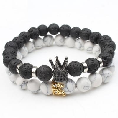 Kralen Armband met Kroon - Wit Marmer / Lava - Armbanden Heren Dames - Papa Cadeau Voor Mannen - Vaderdag