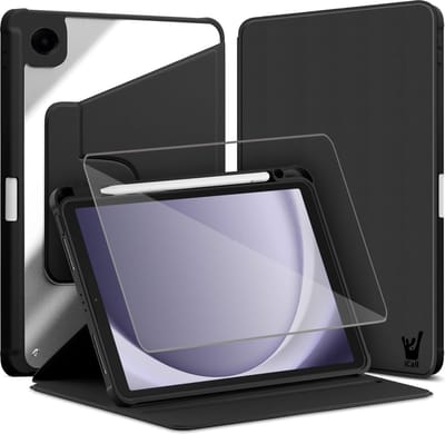 Hoes met Screenprotector geschikt voor Samsung Galaxy Tab A9 / Tab A11 - Book Case Premium Sleep Cover Kunstleer 360 Graden Draaibaar met Auto/Wake Functie en Pencilhouder - Zwart