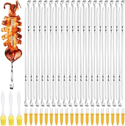 36 RVS shashlik spiesen, 20 maïskolf spiesen en 3 siliconen kwasten - Herbruikbare grillspiesen voor barbecuefeesten, 28,2 cm lang, perfect voor grillen en roosteren