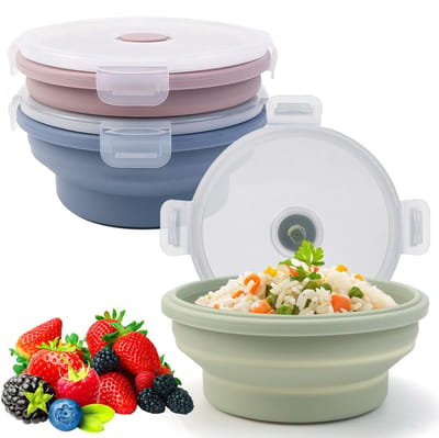 JHUBERS- Broodtrommel 3 stuks - Opvouwbare Vershouddozen - Siliconen met Deksel - Luchtdicht - 550 ml per Doos - Perfect voor Kleine Keukens - Lunchbox