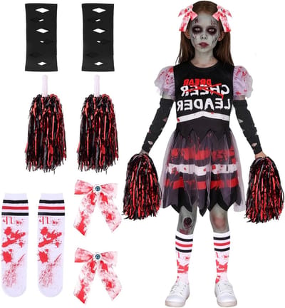 Doodenge Cheerleader Kostuum voor Meisjes, Halloween Verkleedpartij met Bloed en Schrikeffecten (Small, 4-6)