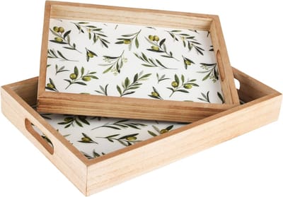 Dekoratief | Set 2 dienbladen 'Olives', groen/wit, hout, 30x22x4cm | A230664