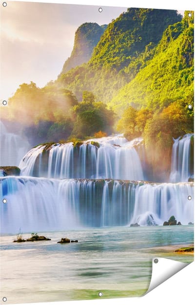 Gards Tuinposter Watervallen tussen de Bomen - 90x120 cm - Tuindoek - Tuindecoratie - Wanddecoratie buiten - Tuinschilderij