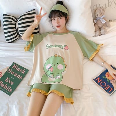 2 stuks pyjama's voor dames met korte mouwen, losse versie, studenten, prinsessenstijl, aardbei, dinosaurus, kawaii, schattige homewear 3XL groen
