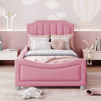 Gestoffeerd Kinderbed - Slaapbank Tienerbed - Multifunctioneel Slapen - Zacht Rugleuning Ontwerp - 90 x 200 cm - Roze