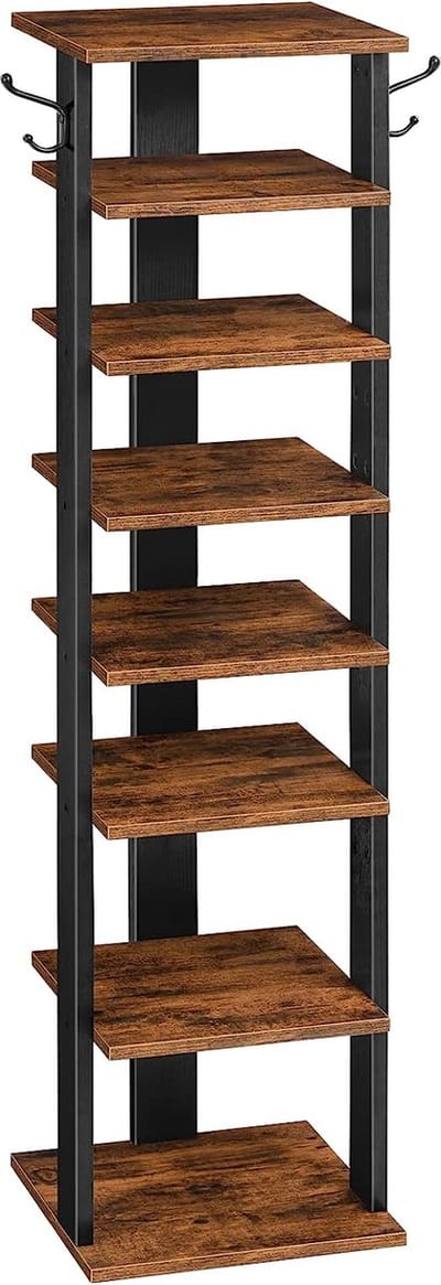 8-laags schoenenrek, smal schoenenrek, schoenenkast met 2 haken, legplank, ruimtebesparend, stabiel, voor ingang, woonkamer, slaapkamer