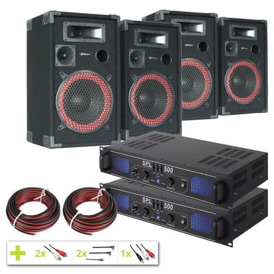 Mega geluidsset met 4 speakers, 2 versterkers en aansluitmateriaal.