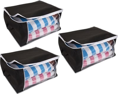 3x stuks dekbed/kussen opberghoezen zwart met venster 60 x 45 x 30 cm - Opberghoezen - Beschermhoezen - Dekentassen - Kussentassen