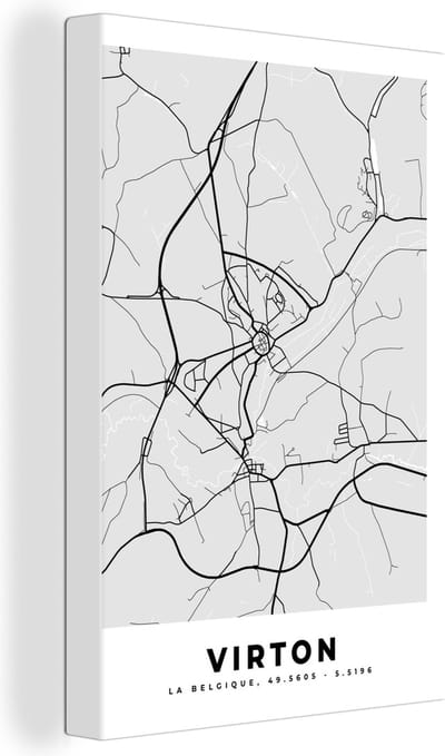 Canvas Schilderij Stadskaart – Plattegrond – België – Zwart Wit – Virton – Kaart - 20x30 cm - Wanddecoratie