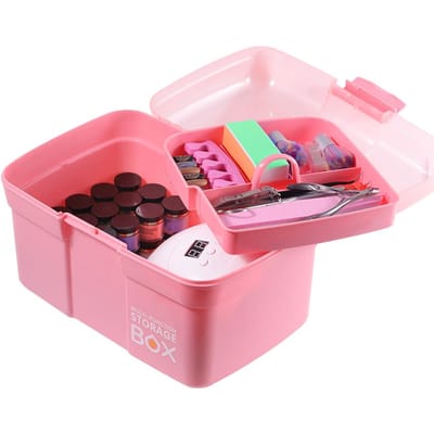 Plastic Opbergdoos met Uitneembaar Bakje Nagellak Draagkoffer Multifunctionele Organizer Opberg roze