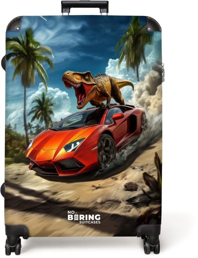 NoBoringSuitcases.com® - Koffer groot - Reiskoffer lichtgewicht - Rode sportauto met dino raast door tropisch strand - Rolkoffer met 4 wielen - Grote trolley XL - 98 liter bagage