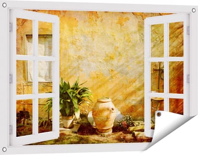 Gards Tuinposter Doorkijk Oude Stenen Muur - 90x60 cm - Tuindoek - Tuindecoratie - Wanddecoratie buiten - Tuinschilderij