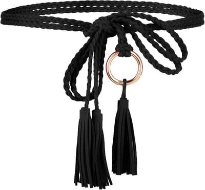 Damesriem met kwastjes, gevlochten tailleriem, skinny, handgeweven riem met ring voor jurk, tailleriem