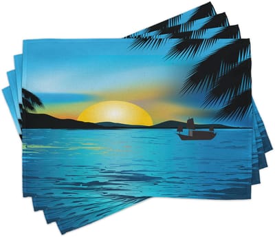 ABAKUHAUS Zee-placematten: Idyllische zonsopgang boven een landschap, rustig zeezicht met vissersboot in rust; onderzetters van wasbaar stof, tafeldecoratie met print, azuurblauw, oranje en zwart