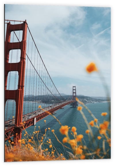Dibond - Golden Gate Bridge in Californië - 60x90cm Foto op Aluminium (Met Ophangsysteem)