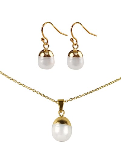 Zoetwater parel set Gold Dip White Pearl - parelketting + parel oorbellen - echte parels - wit - goud - edelstaal - luxe sieraden zakje - parelketting dames - parel oorbellen dames